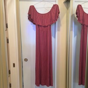 Off-Shoulder Flutter Maxi Dress in Dusty Rose